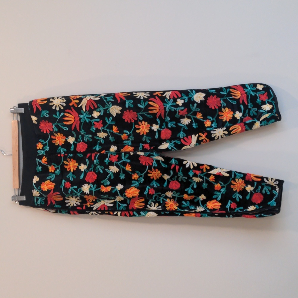 Zara Velvet Floral Embroidered Tulip Hem Cropped Pants